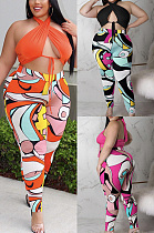 Bandage printed hanging neck printed Pants Set GL7079