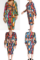 Tie dyed color striped lace up waist exposed two-piece set BS1136