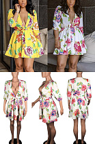 Printed deep V-neck waistband dress BS1087