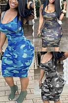 Arm wrap camouflage U-neck suspender dress YFS3526