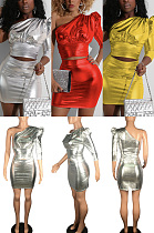 Two piece set of color gold reflective single shoulder skirt BS1162