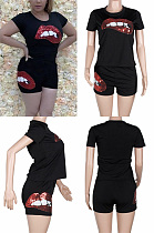 Sequin lip pattern short sleeve shorts two piece set BM001