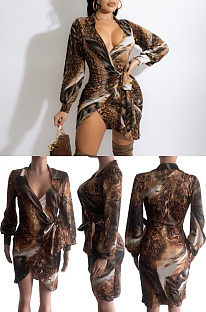 Printed long sleeved medium length dress OMM1285