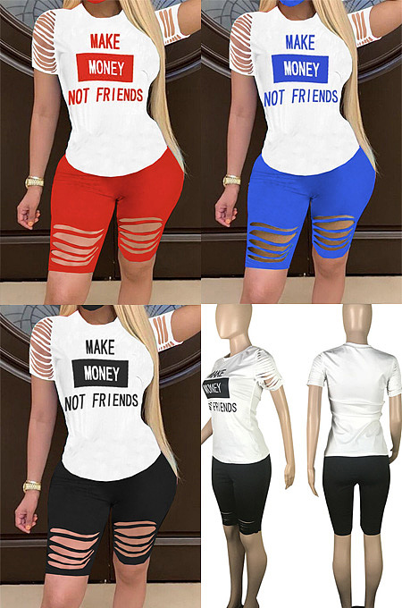 Letter hole five point pants short sleeve two-piece set  LSN751