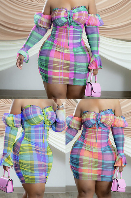 Plaid long sleeved off shoulder dress WJ5250