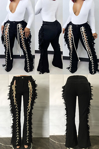 WHOLESALE | Corns wear rope tassel straight pants elastic denim pants LA3305