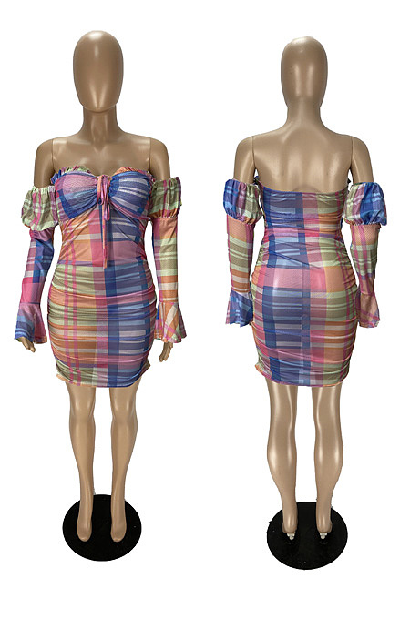 Plaid long sleeved off shoulder dress WJ5250