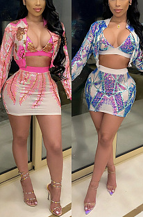 Long sleeved jacket printed V-neck skirt three piece set YF9211