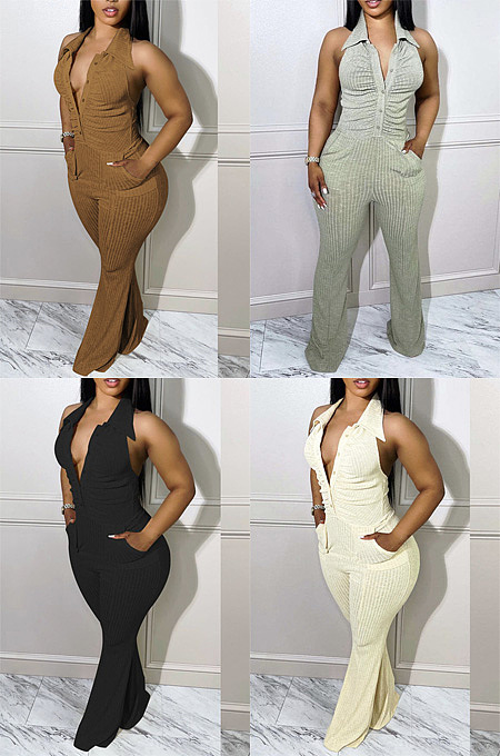 Open back hanging neck Lapel wool one-piece pants MF6689