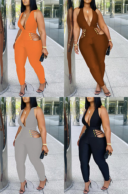 Solid color dark v open back neck Jumpsuit ZNN9140