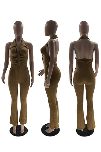 Open back hanging neck Lapel wool one-piece pants MF6689