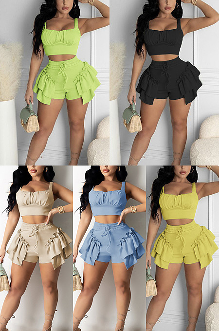 Vest lotus leaf fungus edge elastic belt pleat two-piece Pants Set  HAA9071