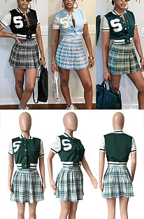 Patchwork Embroidered Baseball Plaid printed Skirt Set HR8209