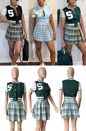 Patchwork Embroidered Baseball Plaid printed Skirt Set HR8209