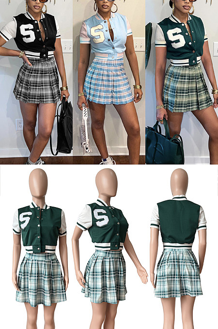 Patchwork Embroidered Baseball Plaid printed Skirt Set HR8209