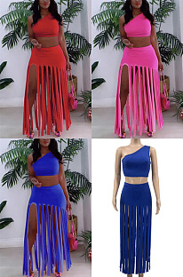 Sports off shoulder tassel skirt two piece set KK8292