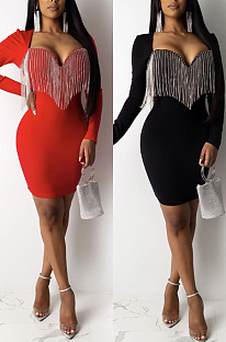 Crystal tassel Hip Wrap Long Sleeve Dress CCY8171