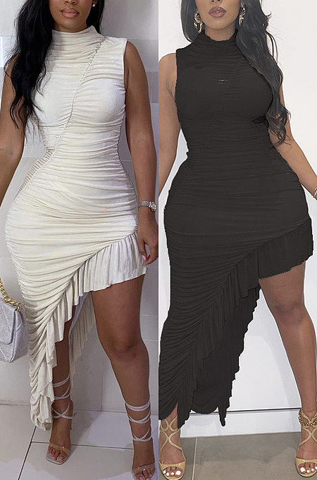 High neck fungus side wrap hip dress WXY5112