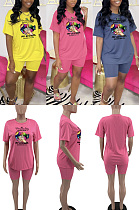 Printed loose T-shirt round neck short sleeve two piece set TD80095