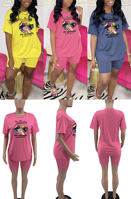 Printed loose T-shirt round neck short sleeve two piece set TD80095