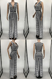 Sleeveless deep V check print Jumpsuit with waistband RMH3301