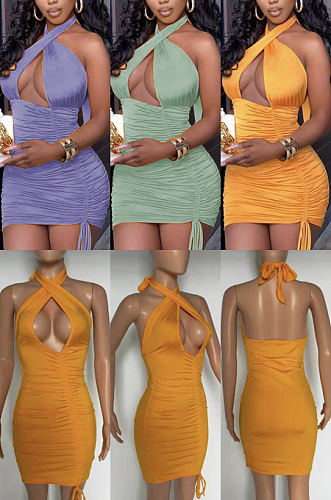Pleated bandage tricolor dress LJJ6061