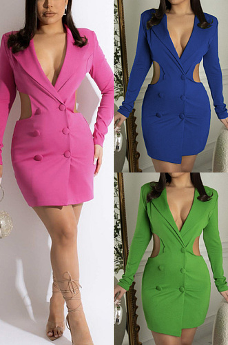 V-neck leaky waist casual double breasted dress PU6105