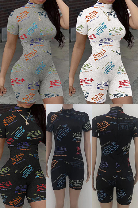 Half high neck lettered printed athletic BODYSUIT HT6063
