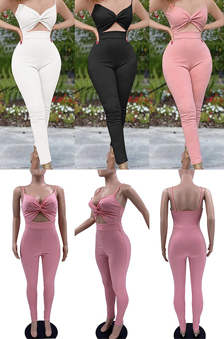 Suspender cut-out slim fit one-piece pants SXS6081