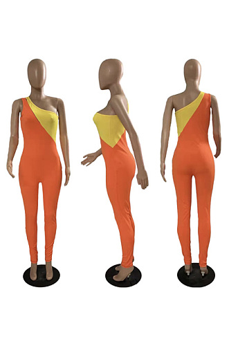 Diagonal neck zipper two color one-piece pants SQ90150