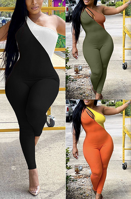 Diagonal neck zipper two color one-piece pants SQ90150