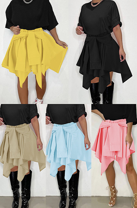  Cotton solid color irregular false sleeve bandage skirt HR8223