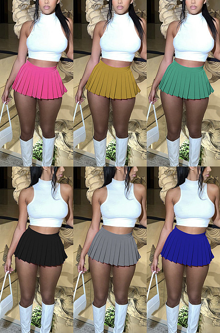 WHOLESALE | Solid T-shirt pleated skirt two piece set AD1356