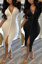 V-neck personalized breasted solid color Jumpsuit dress QMQ7047