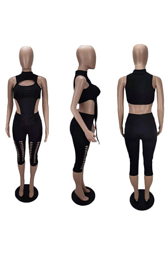 Solid sleeveless hollowed out two piece set MLD5053