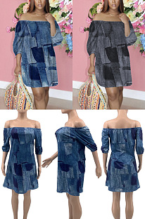 Imitation denim print loose dress KKY8028