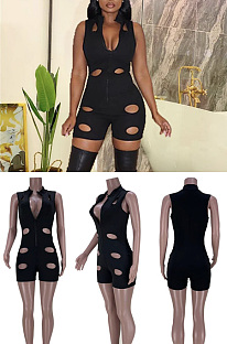 U-neck solid color perforated Jumpsuit SML8224