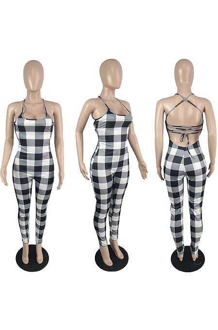 Backless Plaid suspender Jumpsuit JG038