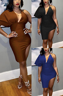 Leaky back V-neck single sleeve split dress JG067 