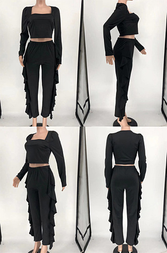 Long sleeve two piece set with exposed navel and bat edge AMW8351