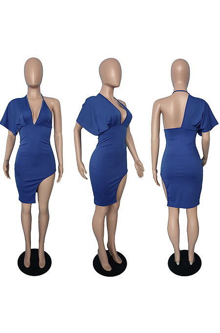 Leaky back V-neck single sleeve split dress JG067 