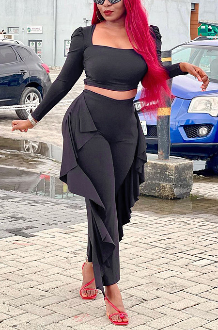 Long sleeve two piece set with exposed navel and bat edge AMW8351