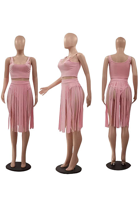 Solid tassel vest two piece set LSZ9082