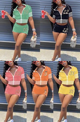 Zipper short sleeve embroidered jacket shorts two piece set YYF8304