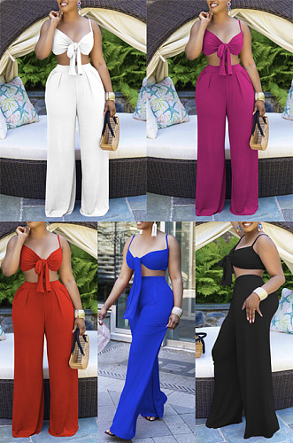 Casual solid color sling lace up two-piece set PQ8050