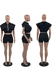 Hooded top solid sport suit two piece set OEP6357