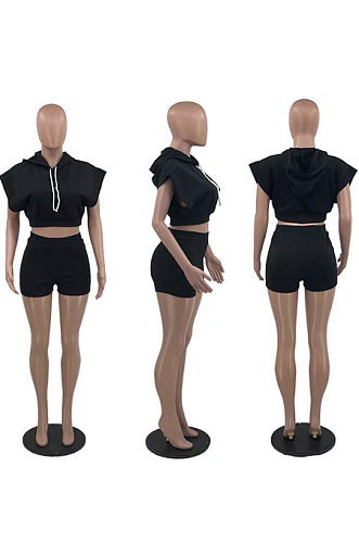 Hooded top solid sport suit two piece set OEP6357