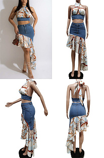 Neck pleated skirt two piece elastic skirt set F88430