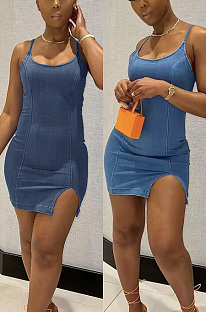 Solid short skirt suspender denim dress AYM5058