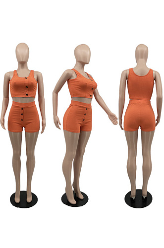 Pit stripe asymmetric breasted vest shorts two piece set BY09691